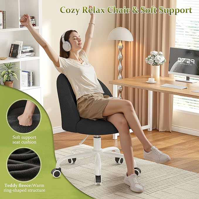 Vanity Chair with Back, Cute Desk Chair with Wheels, Armless Office Chair Height Adjustable, Soft Lumbar Support for Small Space, Bedroom, Black