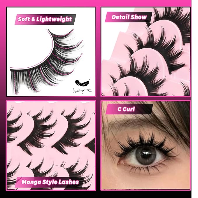 Veleasha Lashes Doll Eyed Spiky Manga Eyelashes Natural False Eyelashes Cospaly Strip Lashes 8D Effect Korean Japanese Asian Fake Eyelash Bambi Lash with Cotton Band 8 Pairs Pack (Bushy)