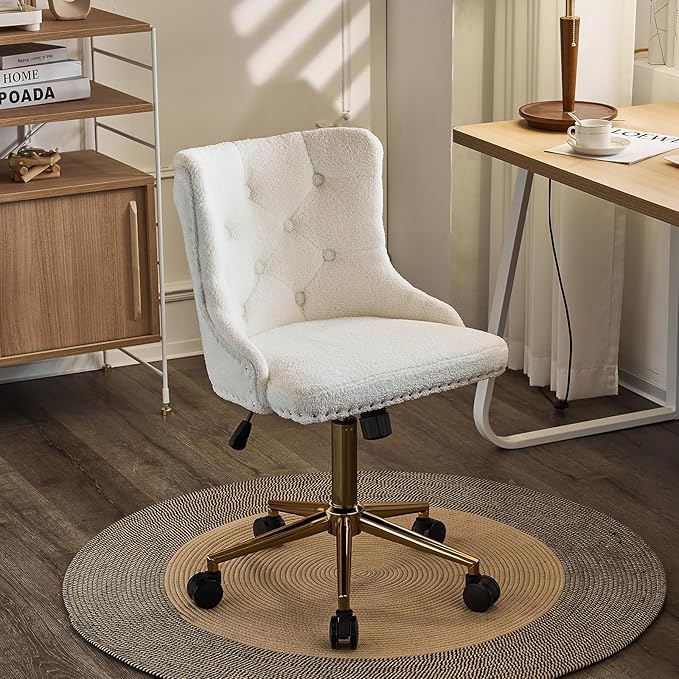 VINGLI White Teddy Fleece Armless Office Desk Chair with Gold Base/Wheels, Cute Vanity/Makeup Chair with Back for Bedroom, Upholstered Adjustable Rolling Swivel Nail Chair for Women/Girls