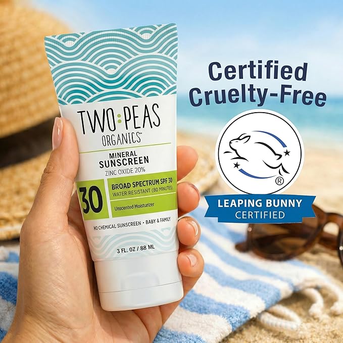 Two Peas Organics Mineral Sunscreen SPF 30 Lotion, Non-Nano Zinc, Reef Safe, Baby & Family Sensitive Skin, Water-Resistant 80 Min, Unscented, Organic & Cruelty Free, 3 oz Twin Pack