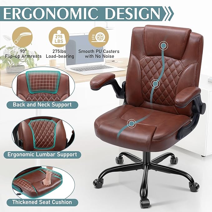 Leather Office Chair, PU Home Computer Desk Chairs with Ergonomic Back Support, 360°Swivel Free，Small Gaming Chair with Wheels and Adjustable Armrests, for Short People Use