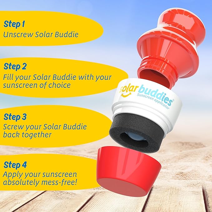 Solar Buddies Grab & Go Travel Bundle, Carabina Clip & Cleaning Brush - Single Full Red - Refillable Roll on Sponge Sunscreen, Suncream & Lotion Applicator For Kids, Adults & Families - Holds 100ml