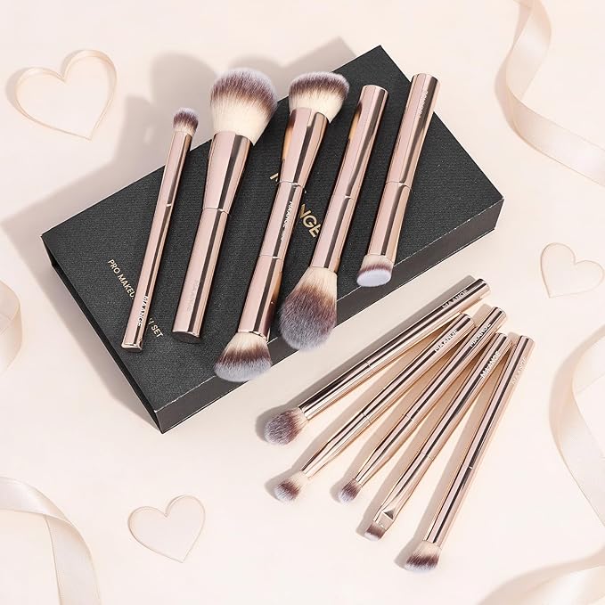 10 Pcs MAANGE Travel Makeup Brush Set with Magnetic case, Premium Synthetic Short Handle Brushes for Foundation, Powder, Concealer, Eye Shadows, Makeup Brush Tools Set(Champagne)