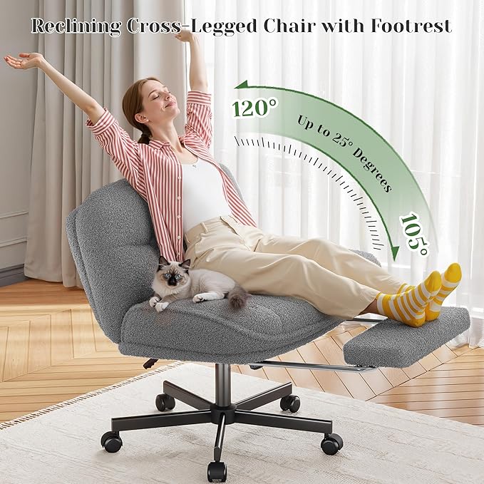 Cross Legged Office Chair with Foot Rest, 6.3" Thick Cushioned Criss Cross Chair with Wheels, Height Adjustable Swivel Vanity Chair for All-Day Comfort (Grey)