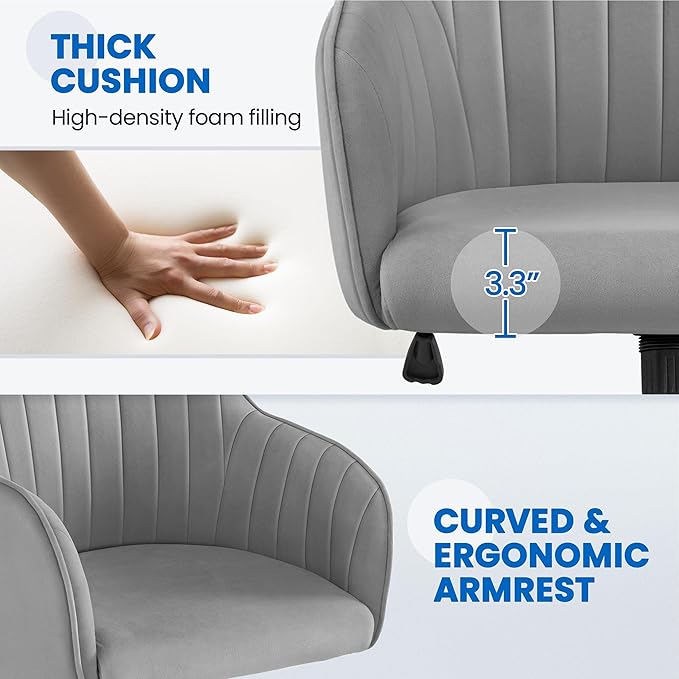 Yaheetech Modern Velvet Vanity Desk Chair Height-Adjustable Swivel Computer Armchair for Makeup Room Living Room Bedroom Light Gray