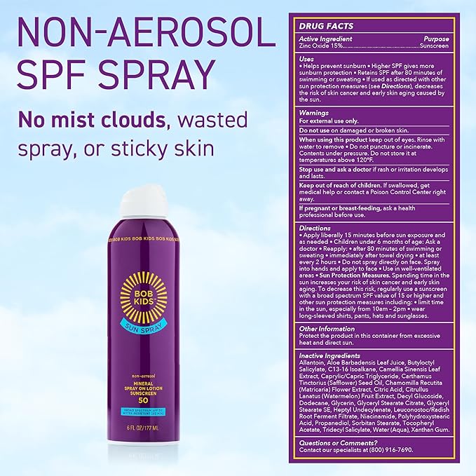 BOB KIDS SPF 50 Sun Spray + SPF 30 Brush On Powder Sunscreen, Mineral Sun Protection, Broad Spectrum, Water Resistant, Fragrance Free, Reef Friendly