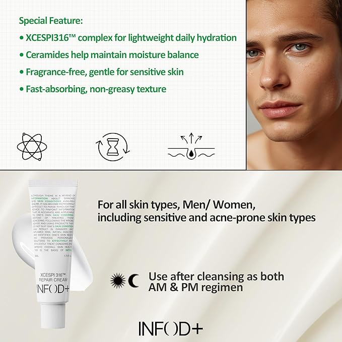 INFODPLUS Korean Skin Care Sensitive Face Cream, Lightweight Moisturizer with Ceramides & Panthenol, Skin Barrier Support & Deep Hydration, Low pH Daily Cream for AM/PM Use, 50ml