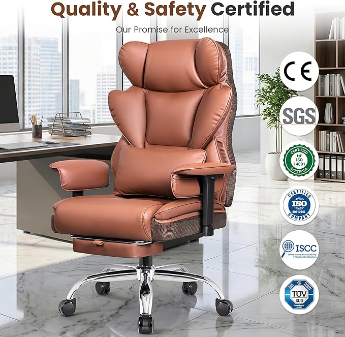 Big and Tall Office Chair for Heavy People - 400 LBS Capacity Executive Chair with High Back & Footrest, Ergonomic Wide Padded Leather Seat Computer Gaming Chair, Terracotta Brown