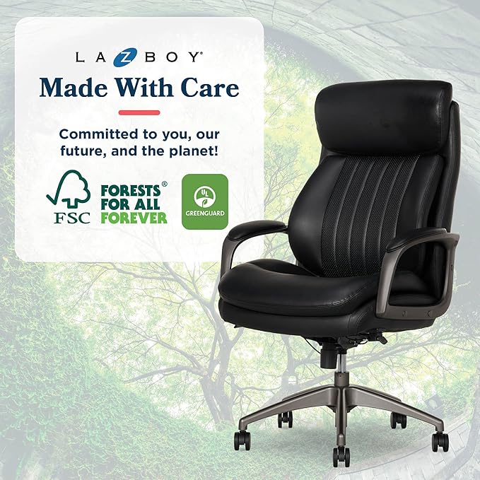 La-Z-Boy Nova Executive Office Chair - Ergonomic High Back Desk Chair with AIR Lumbar Support - Comfortable ComputerChair for Home Office - Vegan Leather - Black