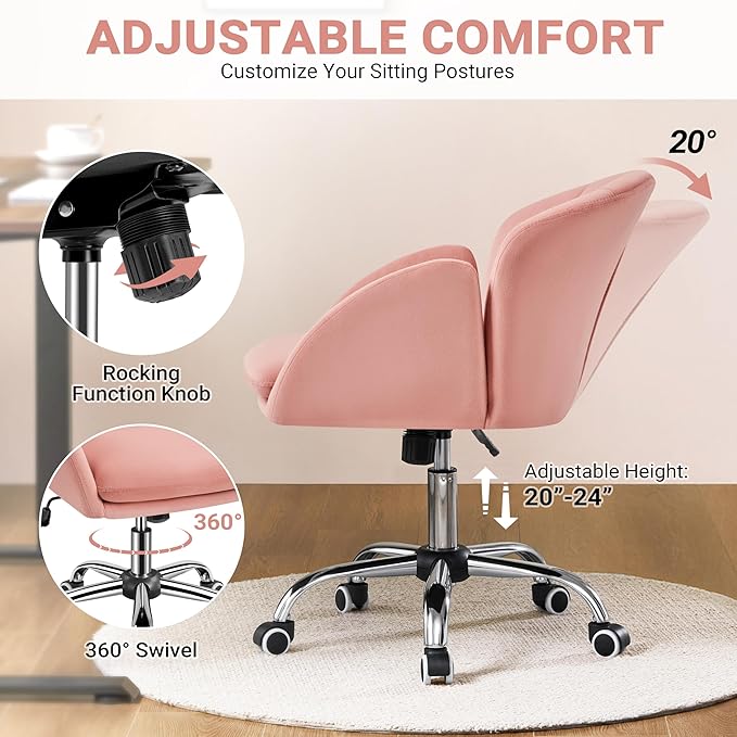 Yaheetech Pink Desk Chair Vanity Chair Comfy Velvet Chair Cute Desk Chair for Home Office Modern Swivel Rolling Chair for Bedroom, Living Room, Makeup Room Women