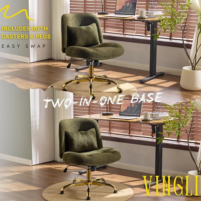 VINGLI Wide Criss Cross Legged Office Chair,Buttprint Ergonomic Desk Chair Comfy with Pillow&Gold Base,Dual-Use with/no Wheels,Adjustable Vanity Swivel Chair for Bedroom,Home Office,Teddy Fleece,Green
