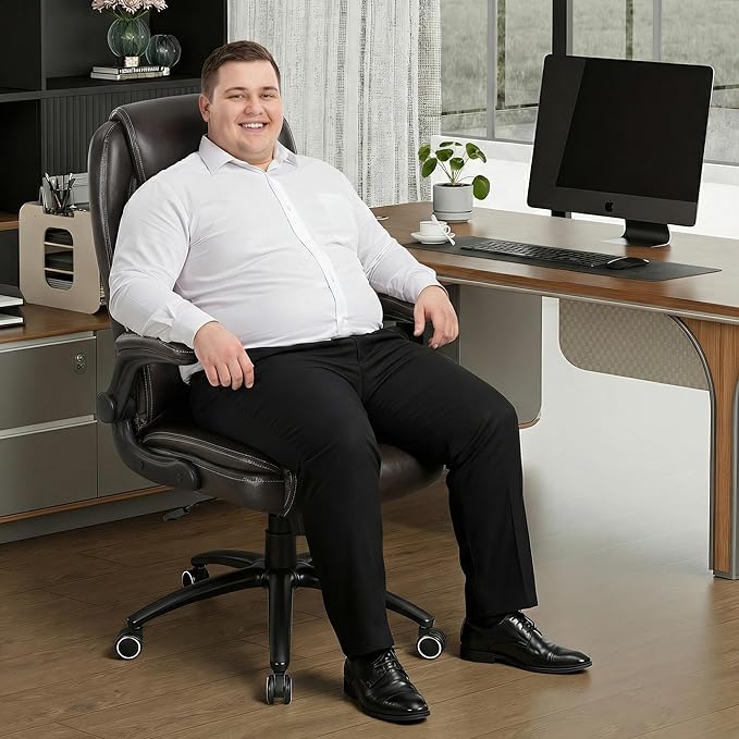 Ergonomic PU Leather Office Chair with Flip-Up Armrests & Reclining Backrest, 300lbs Thick Padded Seat Executive Desk Chair-Adjustable Height & Tilt Tension, Brown
