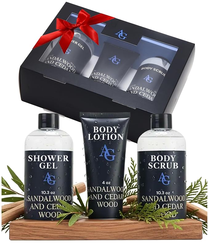 Shower Kit Men, Bath and Body Gift Set For Him - Shower Gel, Body Scrub & Body Cream, Sandalwood & Cedar Scent, 3 pcs 720ml - Skin Care Kit Fathers Day Birthday Idea for Him