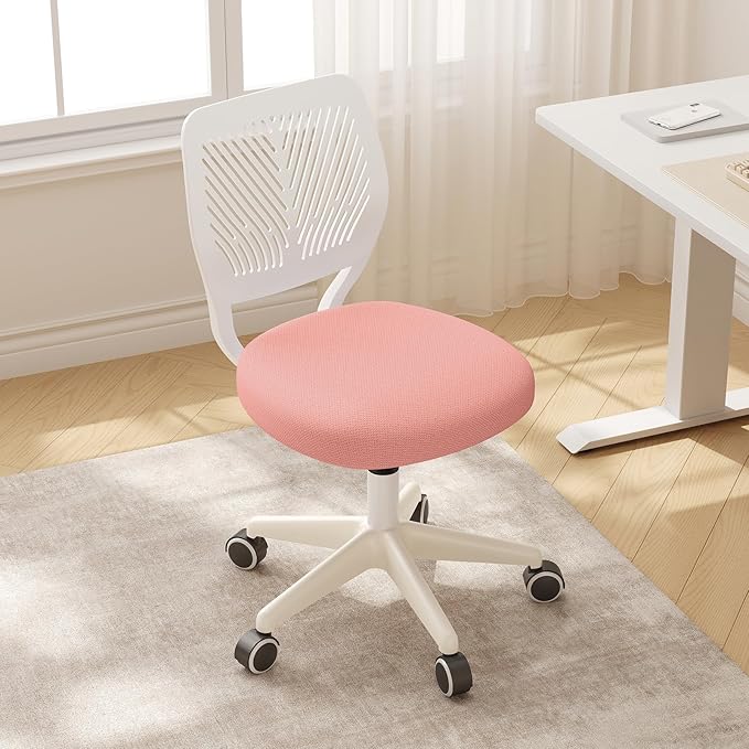 Armless Desk Chair, Height Adjustable Swivel Office Rolling Task Chairs with Soft Mesh Padded Cushion, Ergonomic Small Study Computer Chair for Girls Boys Teens (Pink, 2PCS)