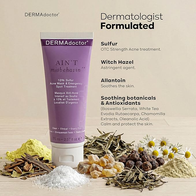 DERMAdoctor Ain’t Misbehavin’ 10% Sulfur Acne Mask, Oil-Absorbing Facial Treatment, 2.3 fl oz