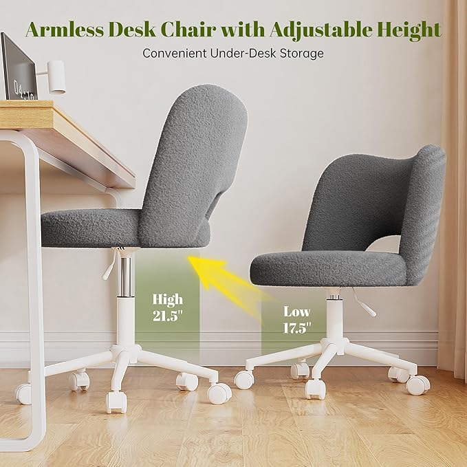 Vanity Chair with Wheels Armless, Cute Vanity Chair with Back,Ultra-Plush Fleece Cute Desk Chair, Small Office Chair Height Adjustable,for Make-up Room,Bedroom,Grey