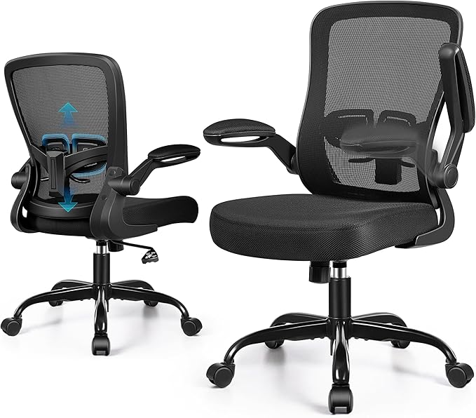 Ergonomic Office Chair 2026 - Mesh Desk Chair with Flip-up Armrests, Adjustable Height and Lumbar, 360° Swivel Comfortable Computer Chairs for Home, Conference Room, Reception, Max 350lbs, Black