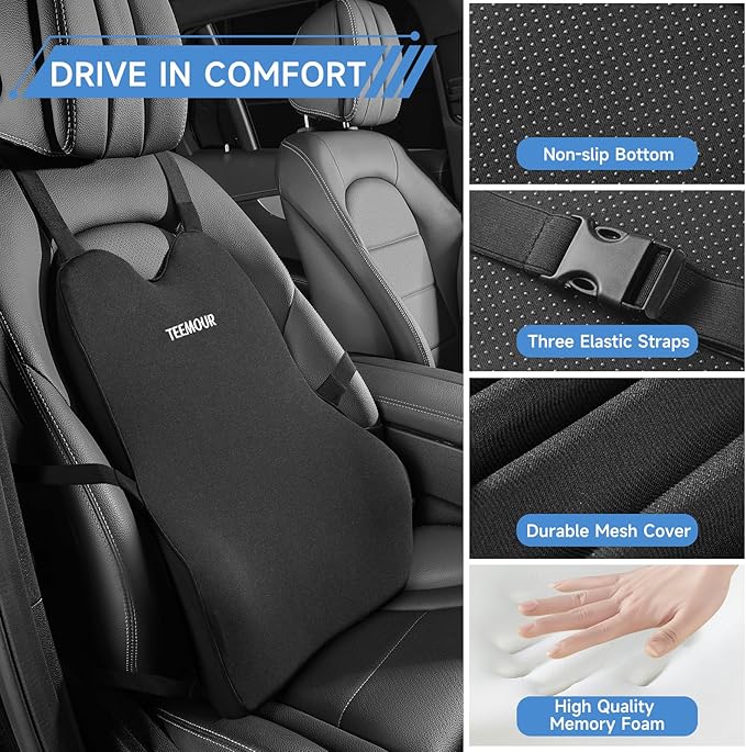 Teemour Lumbar Support Pillow for Car Truck Accessories Memory Foam Back Cushion for Driving Seat Lower Back Support, Lumbar Comfort for Long Drivvers Back Pain Relief, with Three Adjustable Straps