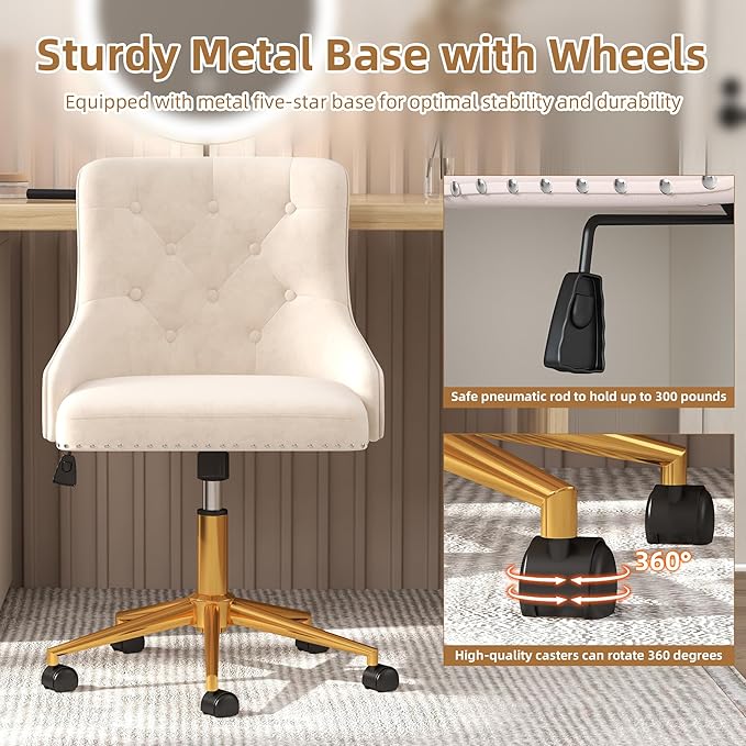 Westice Velvet Desk Chairs, Upholstered Swivel Comfy Makeup Vanity Chair with Tufted Back, Gold Metal Base & Wheels, Height Adjustable Chair for Girls, Bedroom Living Room, Beige