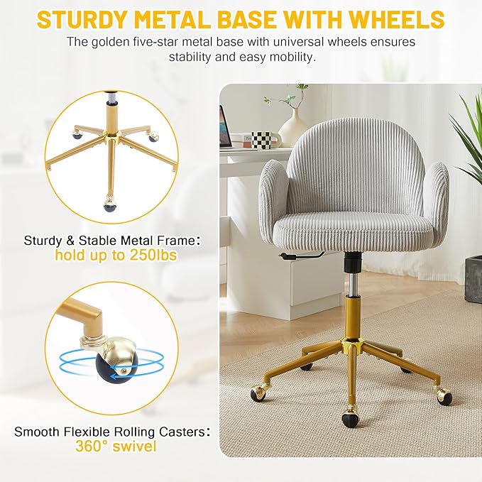 Home Office Chair with Petal Backrest, Corduroy Upholstered Desk Chair with Adjustable Swivel Wheels, Ergonomic Chairs for Living Room, Bedroom, Office, Study, Flower Cute Girls Vanity Chair (Grey)