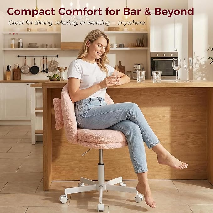 GTPLAYER Velvet Tall Office Chair with Wheels Vanity Chairs with Back, Versatile Height Use: Office to Bar Stools Small Ergonomic Comfy Armlees Computer Desk Chair with Bow Lumbar Pillow for Gift