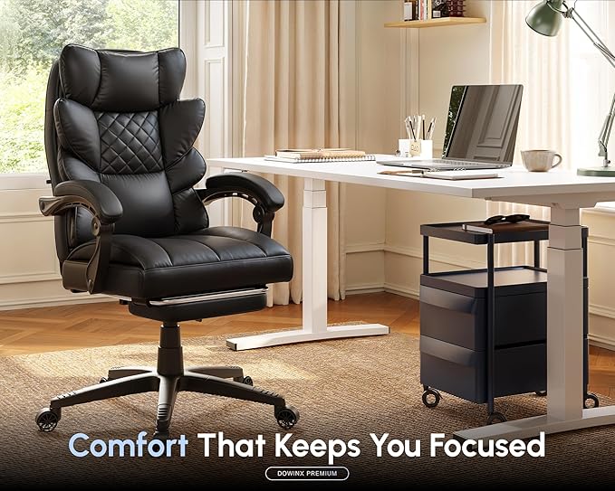 Dowinx Big and Tall Office Chair with Pocket Spring Cushion,High Back Computer Gaming Chairs with Linkage Armrests,Executive Desk Chairs with Footrest,PU Leather-Black