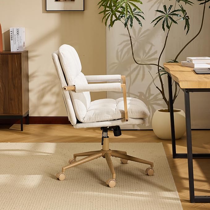 VINGLI Comfy Linen Office Desk Chair with Wheels & Detachable Cushions & Wood-Like Armrests,Swivel Small Computer Task Chair,Adjustable for Girl Makeup Vanity,Teen/Kids Study,Nail Tech,Sewing,White