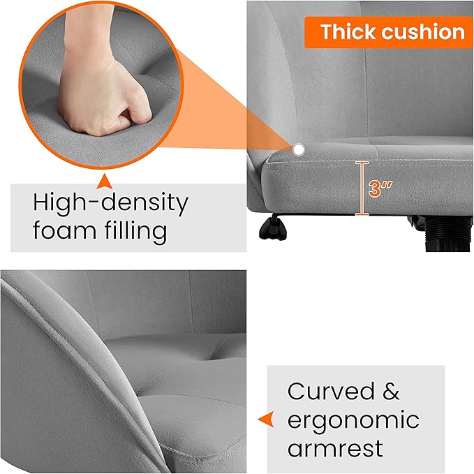 Yaheetech Velvet Desk Vanity Chair with Wheels Back Cute Small Swivel Comfy Computer Chair with Adjustable Height Tilt Angle Upholstered Accent Armchair for Bedroom Light Gray