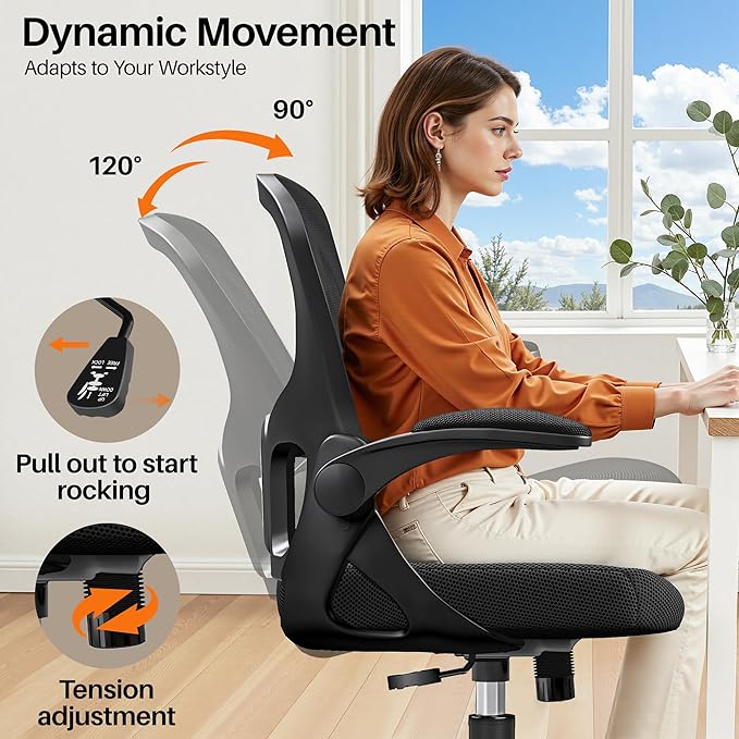 Office Chair Ergonomic Desk Chair, Adjustable Lumbar Support Rolling Swivel Comfy Chair with Space-Saving Flip Up Armrests,Mesh Gaming Chair for Business Work Office & Home, Black 8pcs