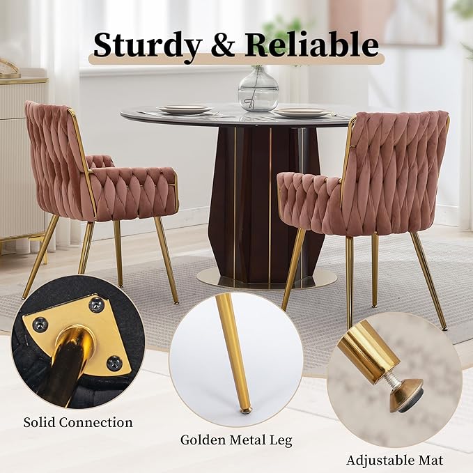 ABET Office Desk Chair No Wheels, Woven Velvet Vanity Chair with Back & Armrest, Comfy Upholstered Cute Gold Metal Legs Makeup Aesthetic Armchair for Girls & Women Bedroom, Nail Spa, Rose Red