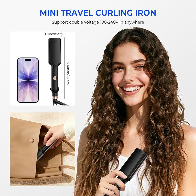 Crimper Hair Tool, Mini Hair Crimper for Women Heating up 390°F, Waver Curling Iron with Negative Ions, Double Voltage Crimping Iron for All Style (9.5 Inch/1.5 Inch)