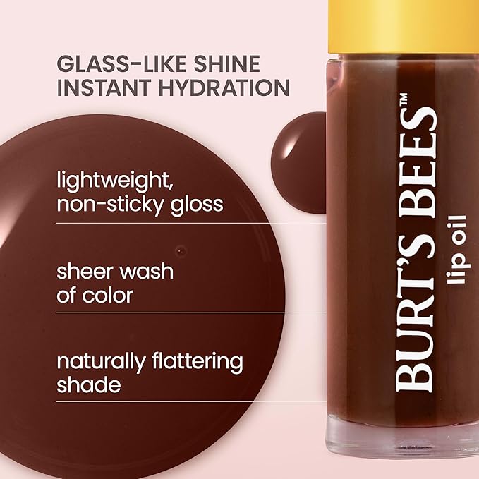Burt's Bees Lip Oil Golden Hour, Instant Hydration, Nourishes and Softens Lips, Sheer Wash of Color, High Shine Finish, Responsibly Sourced Jojoba Oil, Non Sticky, Wand Applicator, 0.15