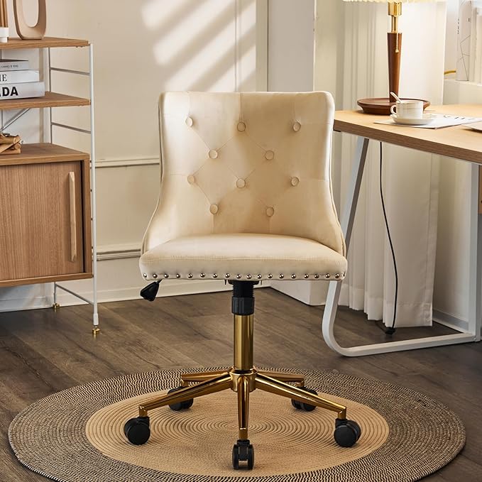 VINGLI Beige Velvet Armless Home Office Desk Chair with Gold Base/Wheels, Small Cute Vanity/Makeup Chair with Back for Bedroom, Upholstered Adjustable Rolling Swivel Nail Chair for Women/Girls