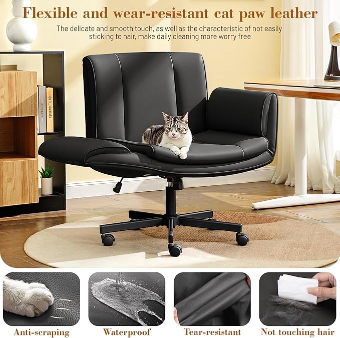 Criss Cross Chair with Wheels & Armrests,Comfy Wide Vanity Chair,Scratch-Resistant Pu Leather Cross Legged Desk Chair,Height Adjustable Computer Office Desk Chairs for Home,Makeup,Bedroom