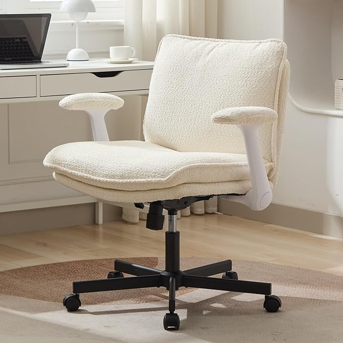 Criss Cross Legged Office Chair with Wheels and Flip-Up Arms, Upholstered Criss Cross Desk Chair, Wide Seat Chairs for Home Office, Vanity, Apartment, Beige
