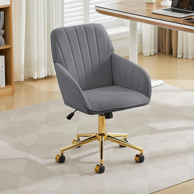 Velvet Home Office Desk Chair, Modern Cute Computer Task Chair with Back, Height Adjustable Upholstered Vanity Chair with Swivel Wheels for Women, Girls (Gold Base, Gray