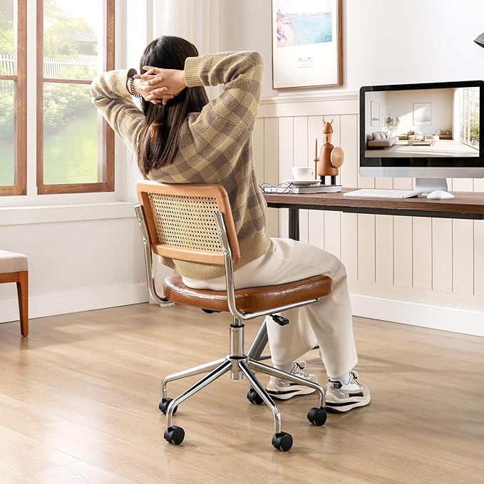 Zesthouse Leather Office Desk Chair with Wheels, Mid Century Rolling Desk Chair with Natural Rattan Back, Modern Swivel Home Office Chair, Small Height Adjustable Computer Task Chair, Brown