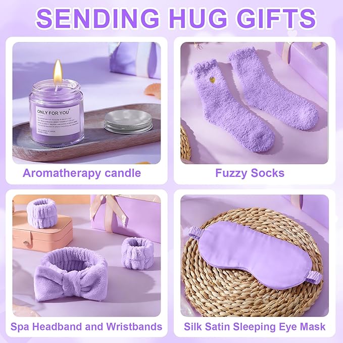 15 Pcs Birthday Gifts for Women Robe Sets for Women Spa Basket Set Graduation Gifts Bath Robe Make up Brushes Scented Candle Fluffy Socks Coffee Cup for Mom Nurse Girlfriend Wife(Purple)