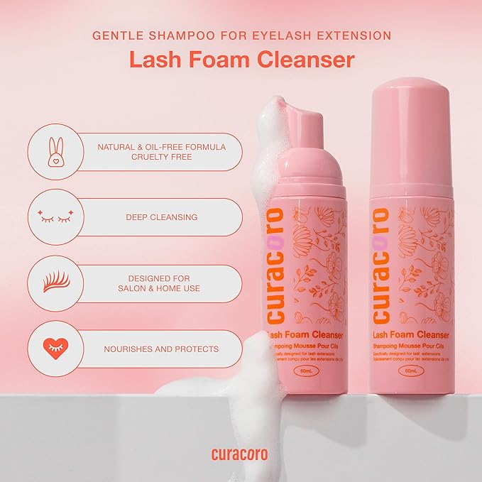 CURACORO 60ML Eyelash Extension Cleanser - Lash Shampoo for Lash Extensions, Eyelash Extension Foam Cleanser for Dry & Sensitive Skin, Gently Removes Waterproof Makeup for Professional & Home Use