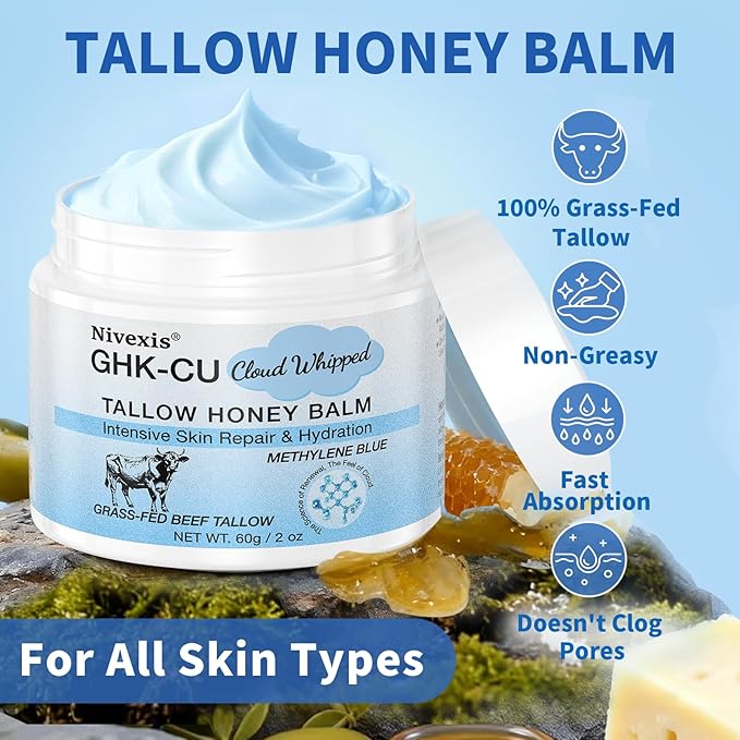 Copper Peptides GHK-Cu Whipped Beef Tallow for Skin, Grass Fed Beef Tallow and Honey Balm for Face & Body, with Methylene Blue Anti-Aging Moisturizer, Suitable for All Skin Types, 2 Oz