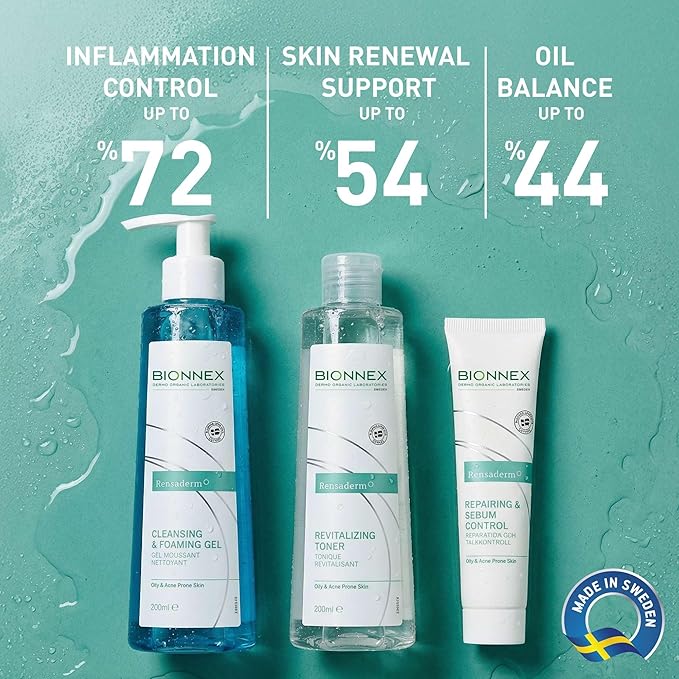 Complete Acne Treatment Routine, 3 Step Daily Routine with Foaming Cleanser, Revitalizing Toner & Sebum Control Cream, Dermatologocally & Clinically Tested, 2 Month Supply