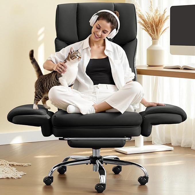 FelixKing Big and Tall Office Chair, 400LBS Wide Leather Executive Chair, Reversible Armrest for Pets Criss Cross Legged, 135° Reclining High Back Gaming Desk Chair with Lumbar Support Footrest, Black
