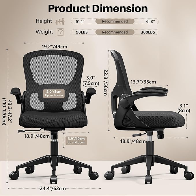 Office Chair Ergonomic Desk Chair, Adjustable Lumbar Support Rolling Swivel Comfy Chair with Space-Saving Flip Up Armrests,Mesh Gaming Chair for Business Work Office & Home, Black 4pcs