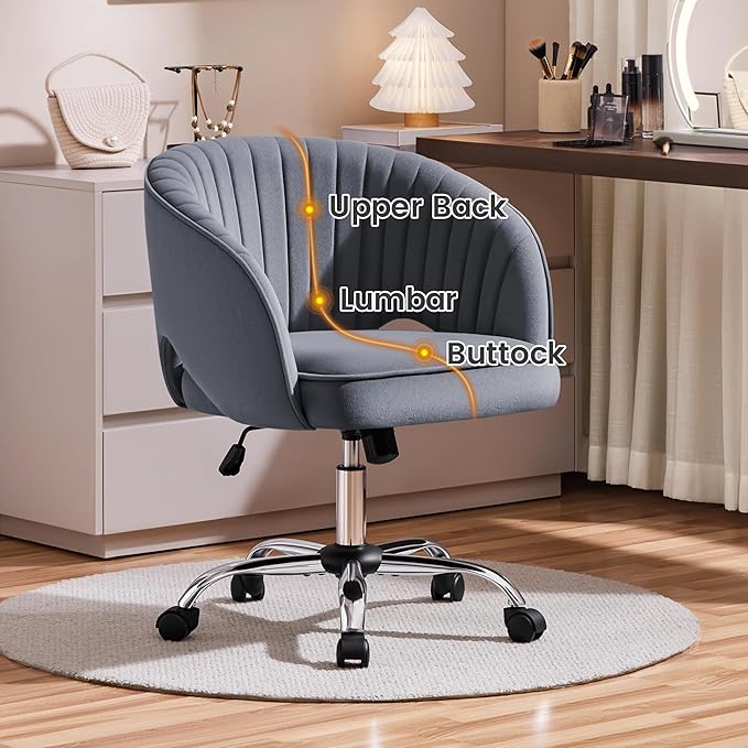 Yaheetech Home Office Chair Velvet Desk Chair, Upholstered Modern Swivel Chair with Tufted Barrel Back, Rolling Wheels for Office, Study, Vanity, Bedroom Dark Gray