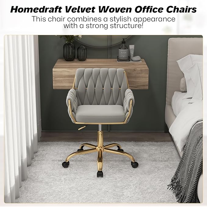 Woven 360°Swivel Desk Chair, Velvet Height Adjustable Home Office Armchair with Golden Base for Teens Women Girls, Upholstery Computer Chair for Home Studios and Office, Woven & Light Gray