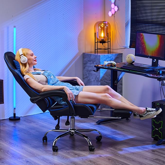 NEWBULIG Computer Gaming Desk Chair - High Back Ergonomic Lumbar Support with Footrest and Headrest, Comfy PU Leather Recliner with Linkage Armrest, Height Adjustable and 360° Swivel, Blue