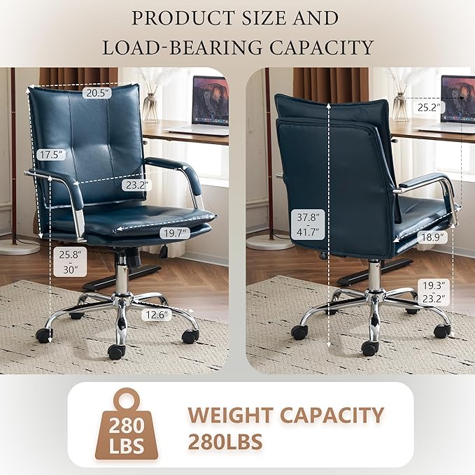 MOJAY Office Chair, Leather Desk Chair, Brown Desk Chair, Mid Century Modern Office Chair, Swivel Comfy Upholstered Wide Seat Chair with Gold Legs and Armrests for Home, Office (Dark Blue&Silver)