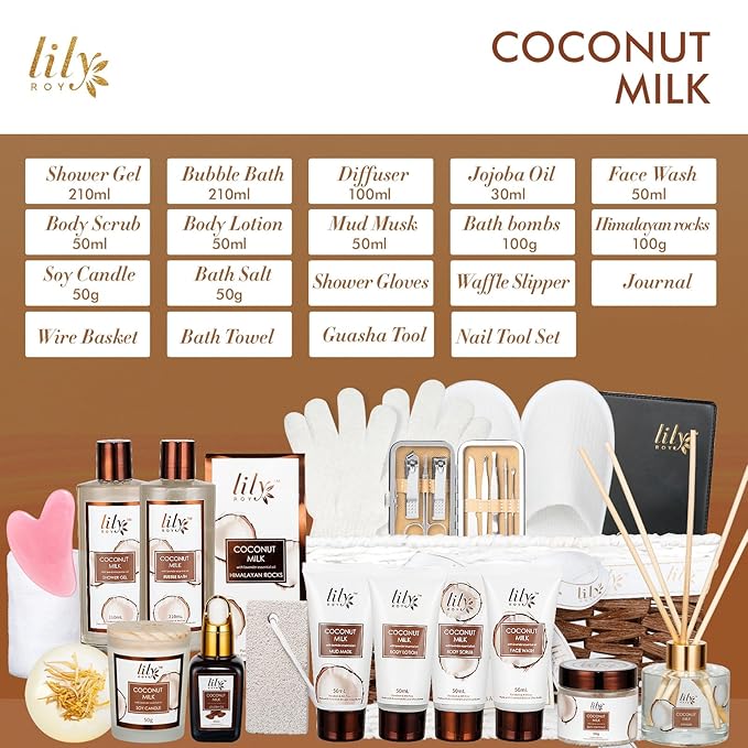 Mothers Day Gifts for Women - Luxurious 28Piece Coconut Vanilla Spa Gift Set Body Care Collection, Bath & Body Basket Gift Set for Valentines Day, Birthday, Christmas Gifts Self Care Gift