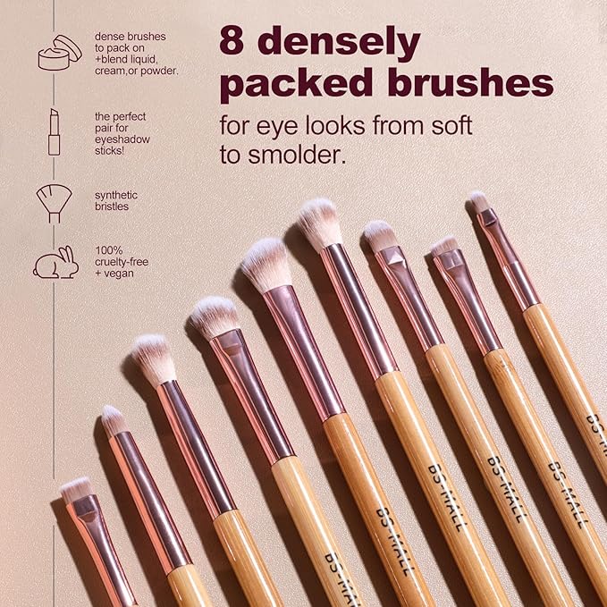 BS-MALL 14 Pcs Makeup Brushes Set with 1 Pcs Makeup Sponge – Essential Foundation Powder Concealers, Eye Shadows, Blush Makeup Brushes with Travel Makeup Case (Bamboo)