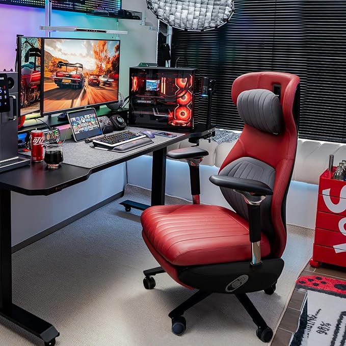 EMIAH GT100 Electric Ergonomic Office Chair with Foot Rest, Sustainable Leather Reclining High Back Desk Chair with Adjustable Headrest, 8D Coordinated Armrests Computer Chair with Lumbar Support（Red）